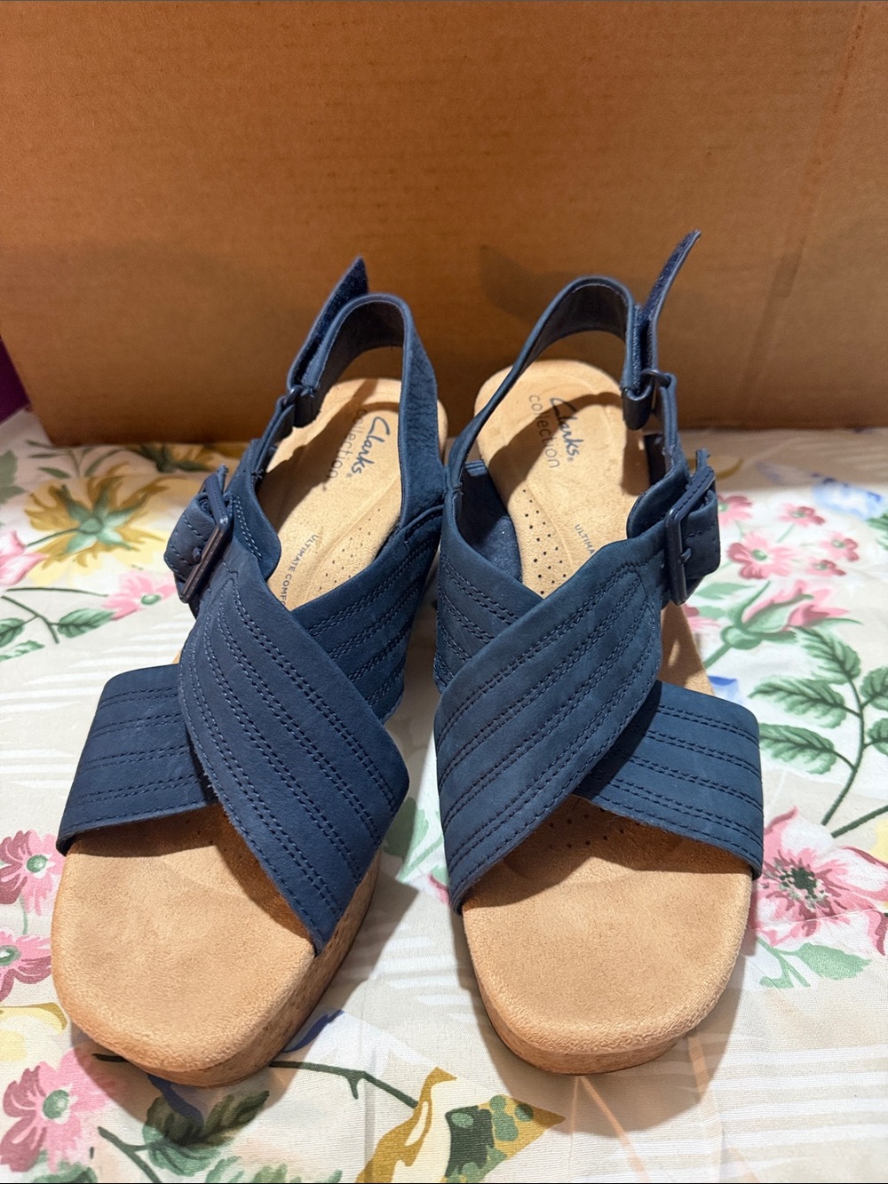 Clarks Navy Crisscross Wedge Slingback Sandals